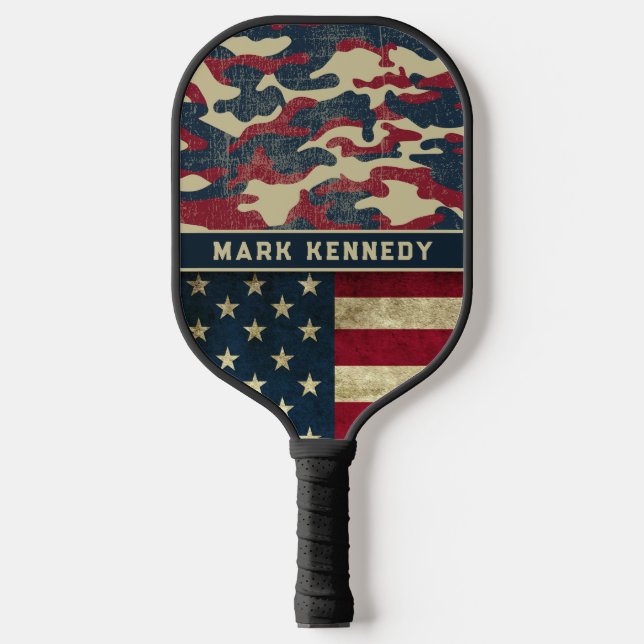Patriotic American Flag Rustic Camo Pattern Name Pickleball Paddle (Front)