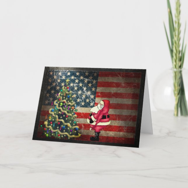 Patriotic American Flag, Santa and Christmas Tree Holiday Card (Front)