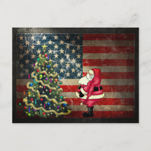 Patriotic American Flag, Santa and Christmas Tree Holiday Postcard