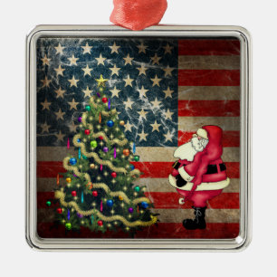 Patriotic American Flag, Santa and Christmas Tree Metal Tree Decoration
