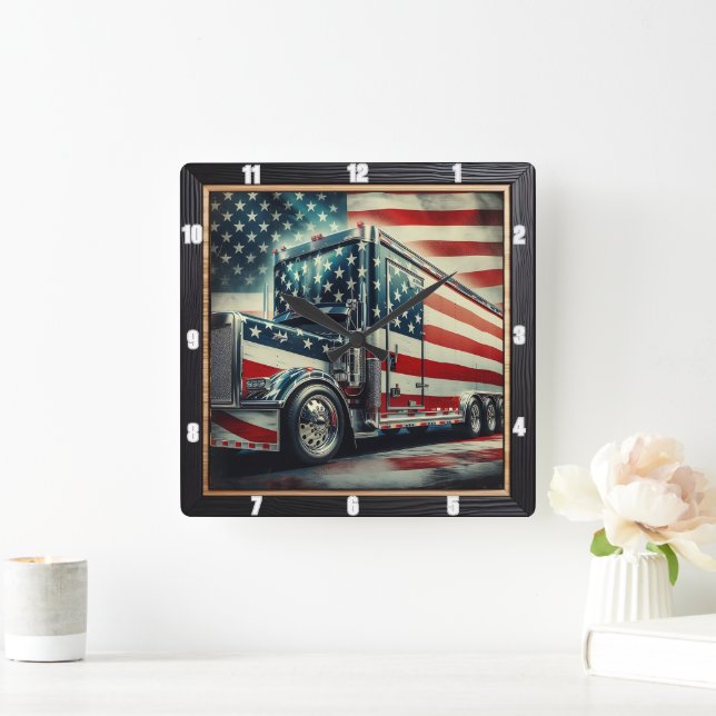 Patriotic American Flag Semi Truck Square Wall Clock (Home)