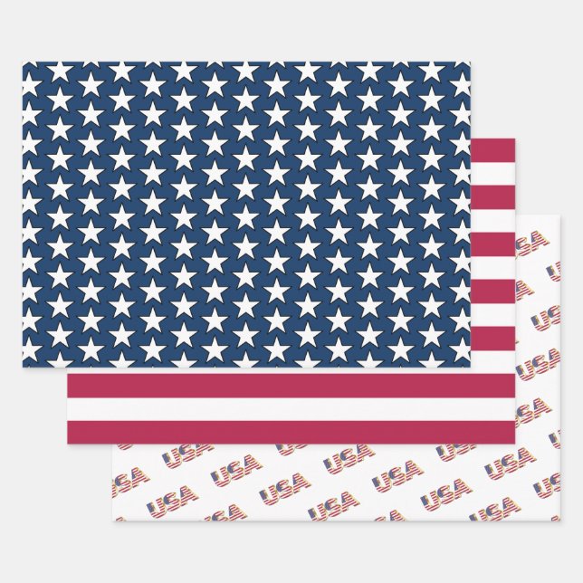 Patriotic American Flag Star Stripe Red White Blue Wrapping Paper Sheet (Set)