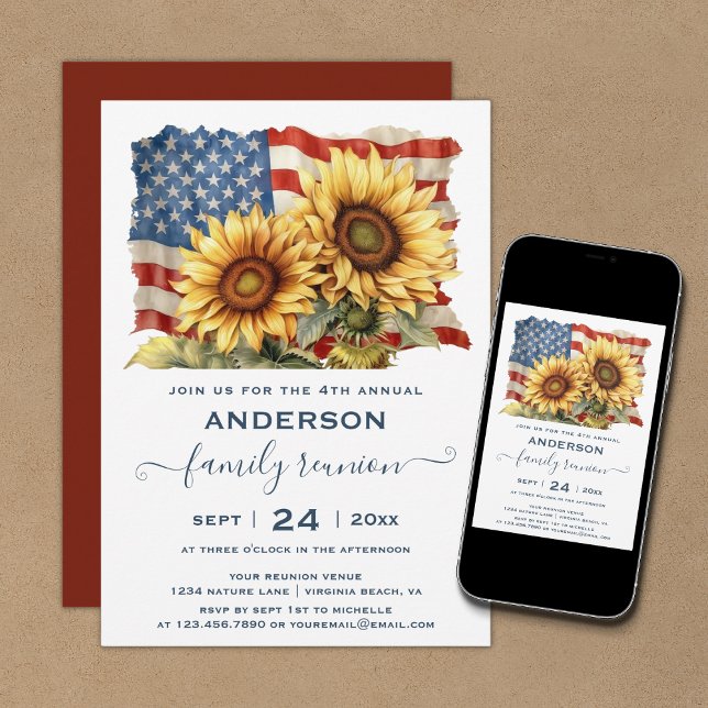 Patriotic American Flag Sunflower Family Reunion Invitation (Creator Uploaded)