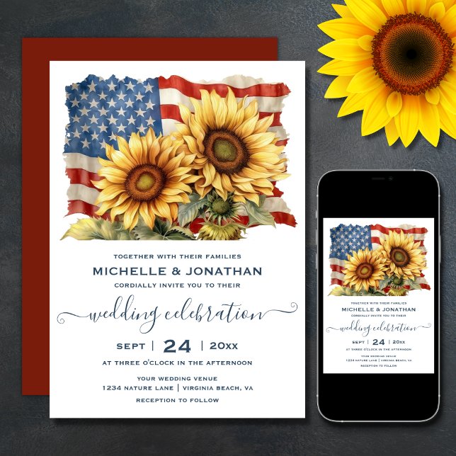 Patriotic American Flag Sunflower Wedding Invitation (Printed (Front and Back) and Digital Patriotic American Flag Sunflower Wedding Invitation)
