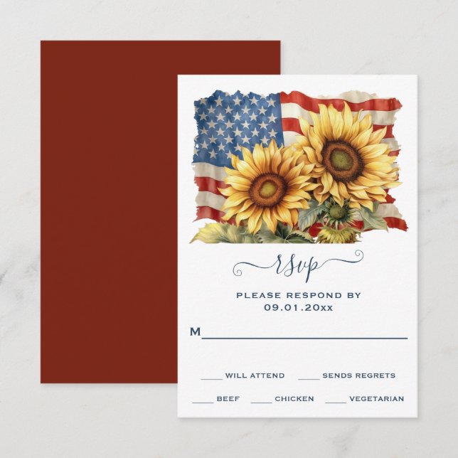 Patriotic American Flag Sunflower Wedding RSVP Card (Front/Back)