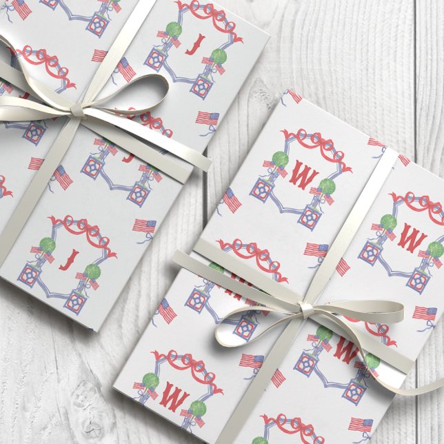 Patriotic American Flag Topiary Monogram Crest Wrapping Paper Sheet (Creator Uploaded)