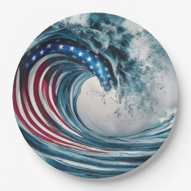 Patriotic American Flag Wave Paper Plate (Front)
