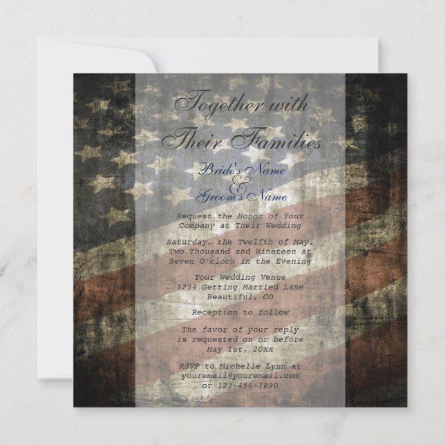 Patriotic American Flag Wedding Invitation w/ RSVP (Back)