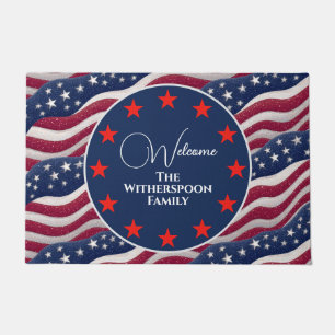 Patriotic American Flag Welcome Home Family Name Doormat