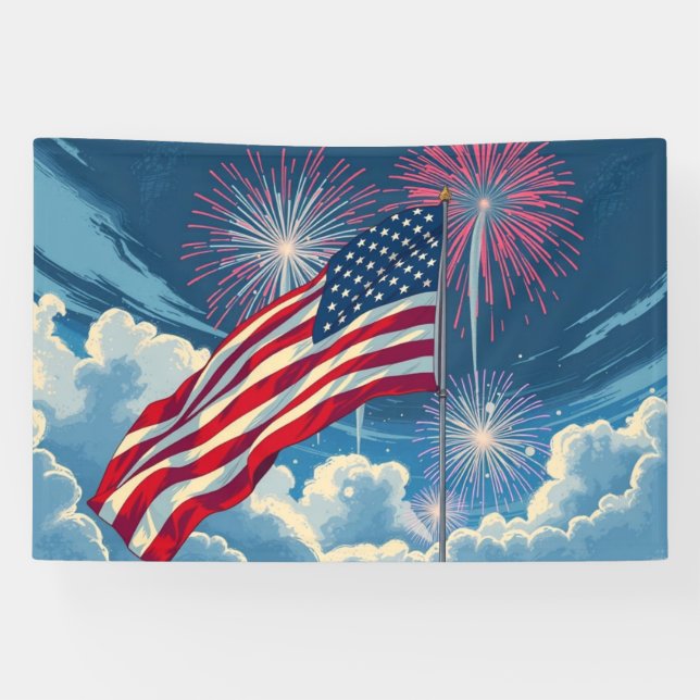 Patriotic American Flag with Fireworks – 4th July Banner (Horizontal)