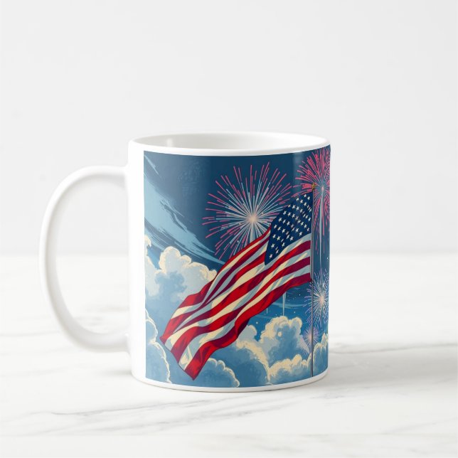 Patriotic American Flag with Fireworks – 4th July Coffee Mug (Left)