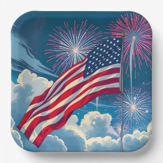 Patriotic American Flag with Fireworks – 4th July Paper Plate