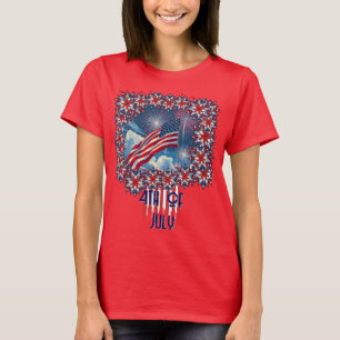 Patriotic American Flag with Fireworks – 4th July T-Shirt
