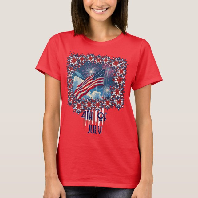 Patriotic American Flag with Fireworks – 4th July T-Shirt (Front)
