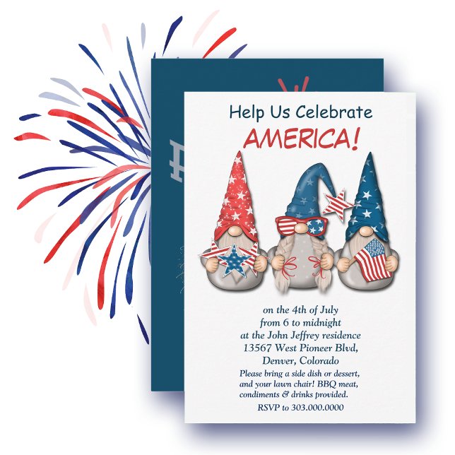 Patriotic American Gnomes Independence Day Party Invitation (Creator Uploaded)