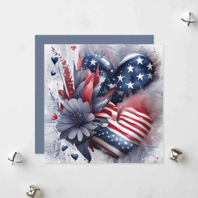 Patriotic American Heart Art Flowers Holiday Card (Front/Back In Situ)