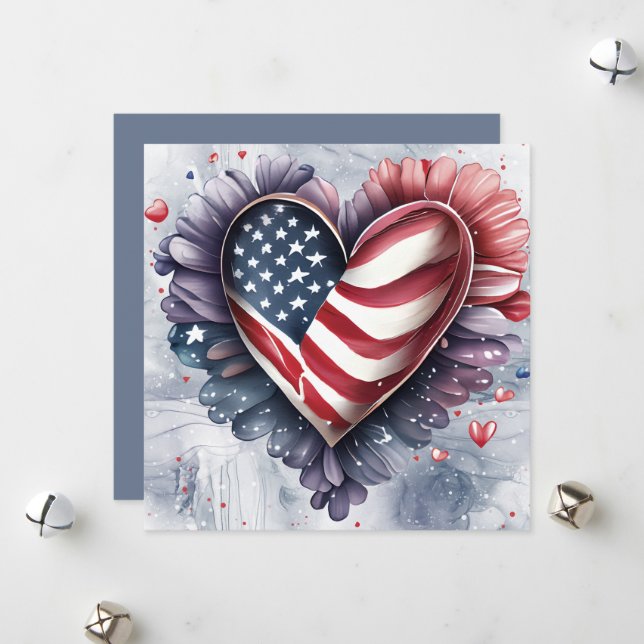 Patriotic American Heart Art Flowers Holiday Card (Front/Back In Situ)