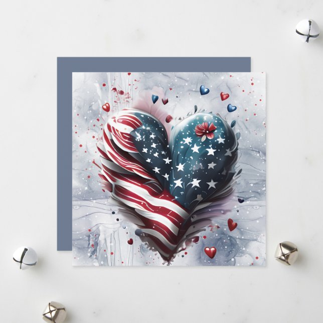Patriotic American Heart Art  Holiday Card (Front/Back In Situ)
