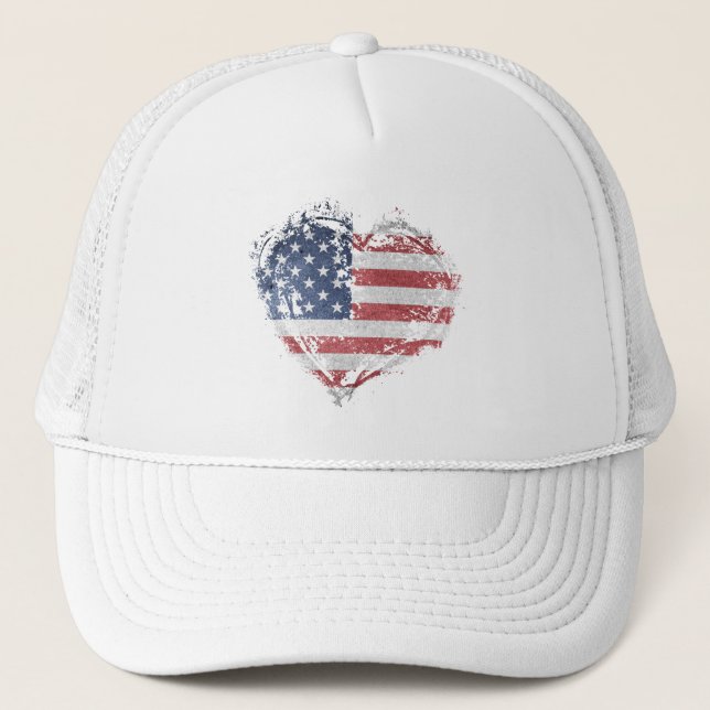 Patriotic American Heart in Grunge Trucker Hat (Front)
