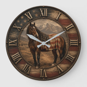 Patriotic American Horse USA Flag Western Ranch Large Clock