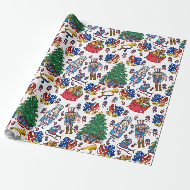 Patriotic American Nutcracker Pattern Wrapping Paper (Unrolled)