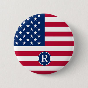 Patriotic American  Red White Blue Custom Monogram 6 Cm Round Badge