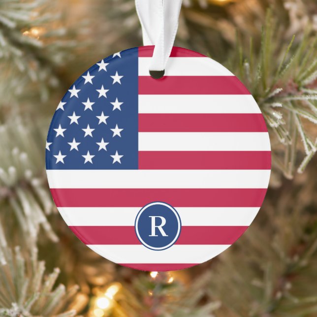 Patriotic American  Red White Blue Custom Monogram Ornament (Tree)