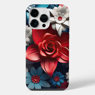 PATRIOTIC AMERICAN RED WHITE BLUE FLOWERS iPhone 14 PRO MAX CASE