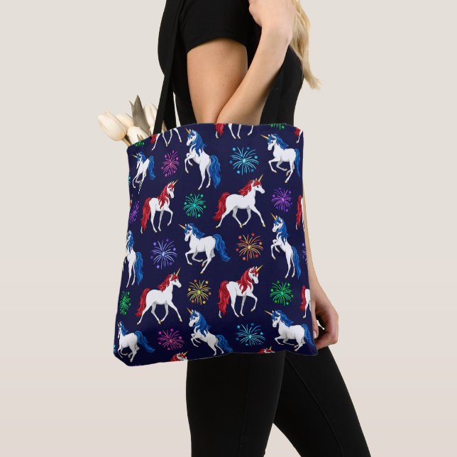 Patriotic American Red White Blue Unicorns Tote Bag (Close Up)