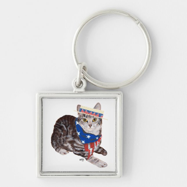 Patriotic American Shorthair Tabby Cat Key Ring (Front)