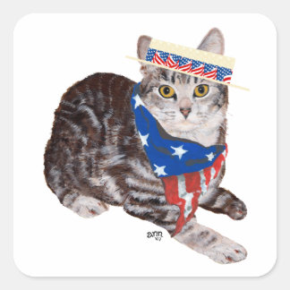 Patriotic American Shorthair Tabby Cat Square Sticker