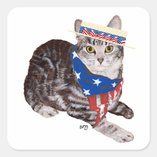 Patriotic American Shorthair Tabby Cat Square Sticker (Front)