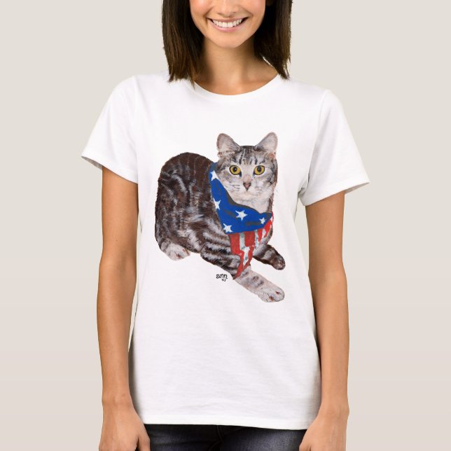Patriotic American Shorthair Tabby Cat T-Shirt (Front)