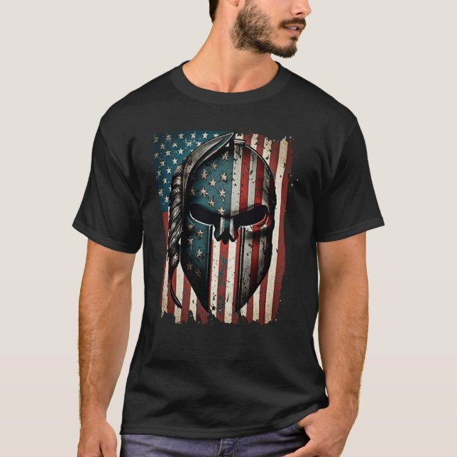 Patriotic American Spartan Themed USA Flag Nationa T-Shirt (Front)