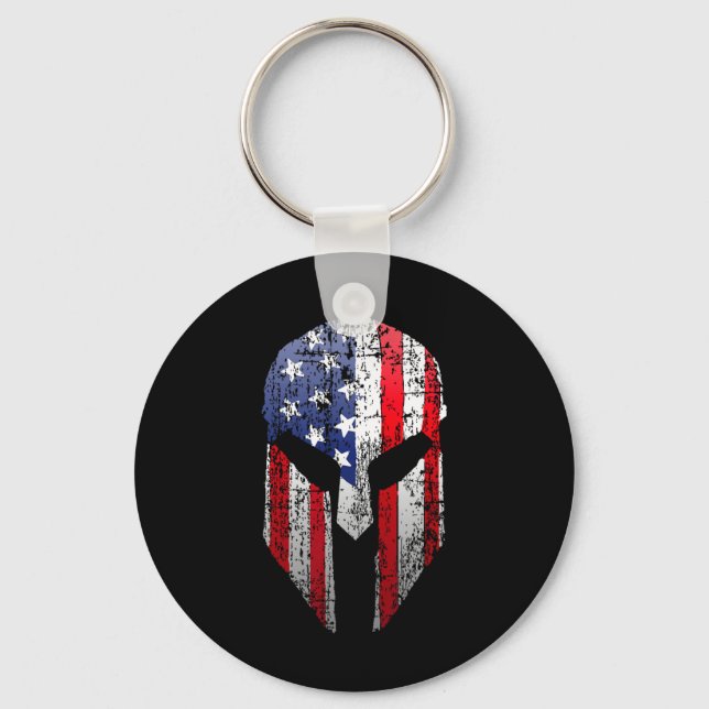 Patriotic American Spartan Warrior Usa Flag Helmet Key Ring (Front)