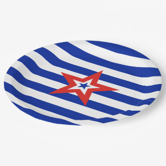 Patriotic American Star on Blue and White Stripes Paper Plate