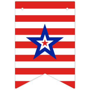 Patriotic American Star on Red and White Stripes Bunting