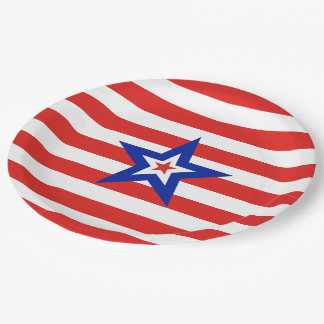 Patriotic American Star on Red and White Stripes Paper Plate