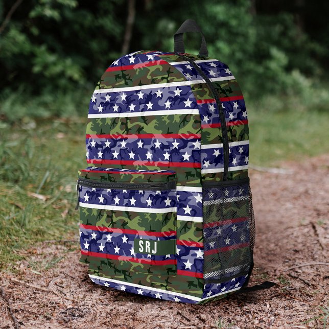 Patriotic American Stars Stripes Green Camouflage Printed Backpack (Creator Uploaded)