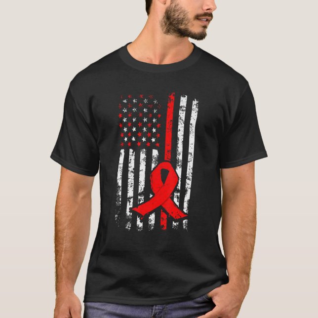 Patriotic American  Us Flag Red Ribbon Awareness T-Shirt (Front)
