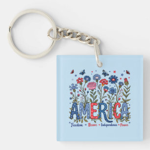 Patriotic American Wildflowers Fourth of July USA Key Ring