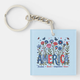 Patriotic American Wildflowers Fourth of July USA Key Ring