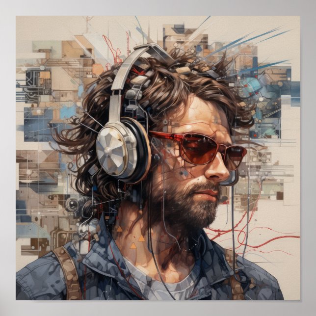 Patriotic American with Headband and Headphones -  Poster (Front)