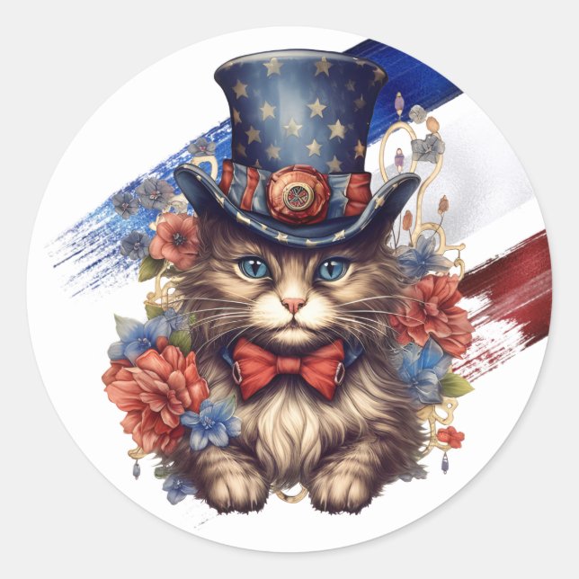 Patriotic Americana Cat Classic Round Sticker (Front)