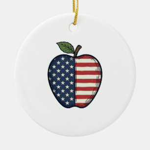 Patriotic Apple Vintage Engraving Vector Design_1 Ceramic Tree Decoration