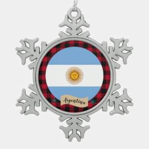 Patriotic Argentina, buffalo plaid, Argentina Flag Snowflake Pewter Christmas Ornament