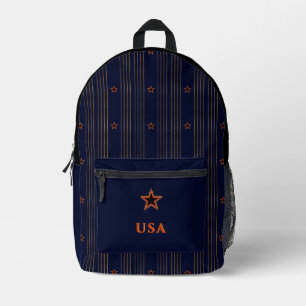 Patriotic Art Deco - Gold Stripes Red Star on Navy Printed Backpack