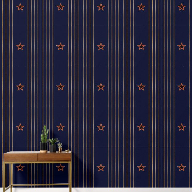 Patriotic Art Deco - Gold Stripes Red Star on Navy Wallpaper (Hallway)