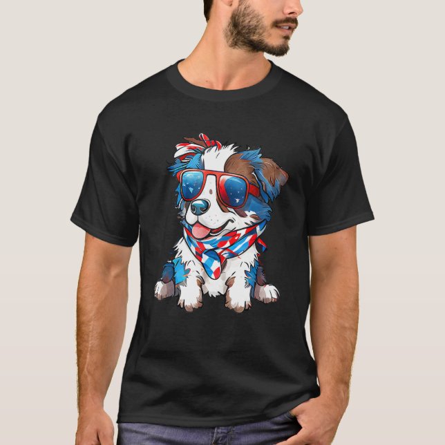 Patriotic Australian Shepherd Dog USA Flag 4th of  T-Shirt (Front)