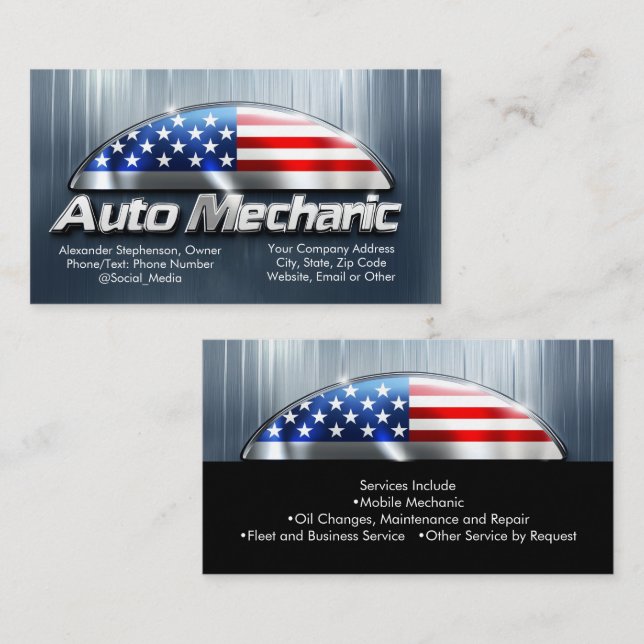Patriotic Auto Mechanic Metal American Flag Car  Business Card (Front/Back)